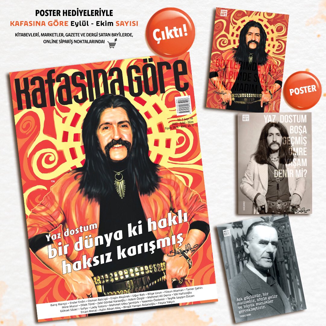 Yaz dostum
Bir dünya ki haklı haksız karışmış
🌺

#BarışManço kapağımızla #KafasınaGöreDergi #Eylül - Ekim sayımız çıktı!🎈

Poster hediyeleriyle birlikte tüm Türkiye’de kitabevleri, marketler, gazete ve dergi satan bayilerde! 🛒

Fotoğraf: Erkmen Sağlam
Kapak Çizim: <a href="/MrBoyaci/">Mr.Boyaci</a>