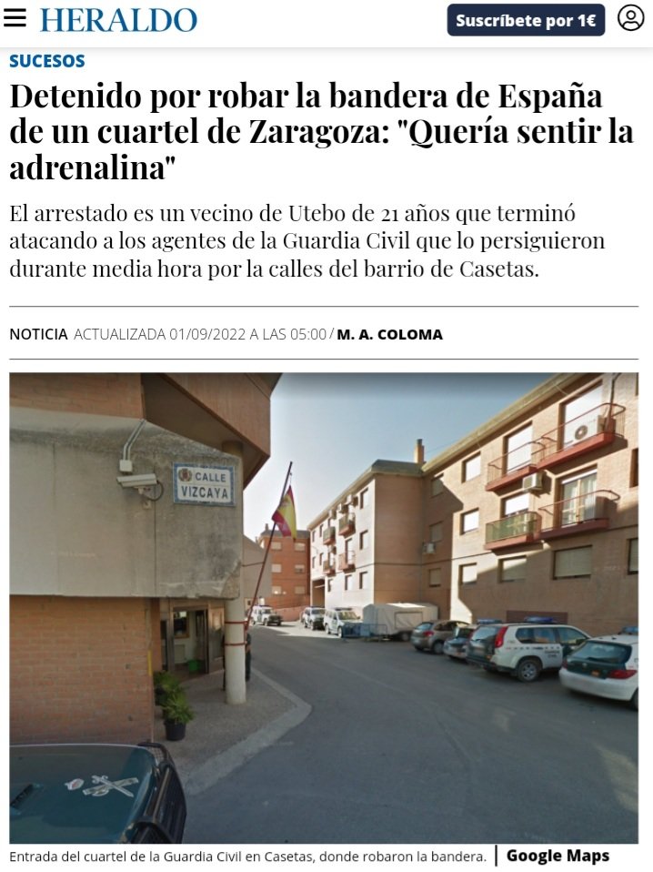 JosemaVallejo's tweet photo. Arranca la bandera de España del cuartel de la GCivil, lo persiguen y termina agrediendo a los agentes

"Quería sentir la adrenalina"

Si se aburren pueden salir a romper cosas o agredir a policías. Cualquier actividad de aventura cuesta dinero, esto es gratis

Ya está en su casa https://t.co/s4Uf3FqNx8