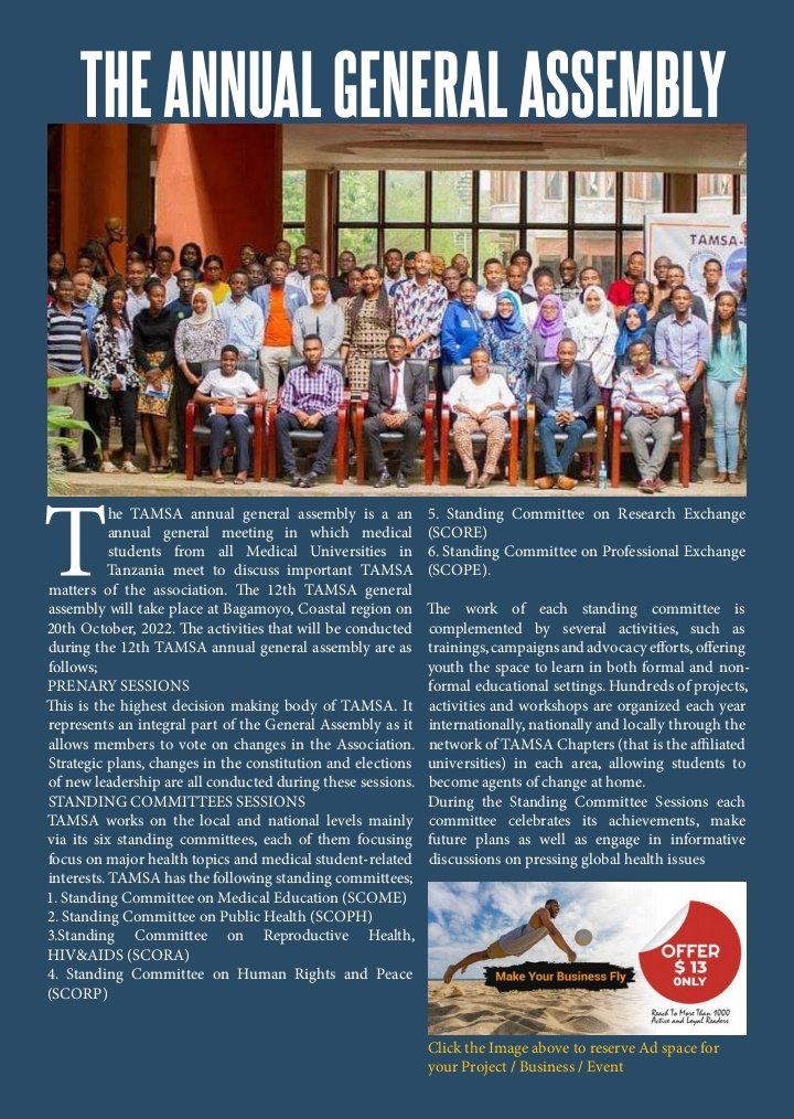 tamsatanzania's tweet photo. You can read on interesting stories and getting information of our coming Conference and General Assembly from the Medical Buzz Magazine Volume 5.

Download now to get more other stories concerning medicine.
https://t.co/FicsORrgub

#12thTamsaGA
#14thScientificConference https://t.co/q2hNrENkEa