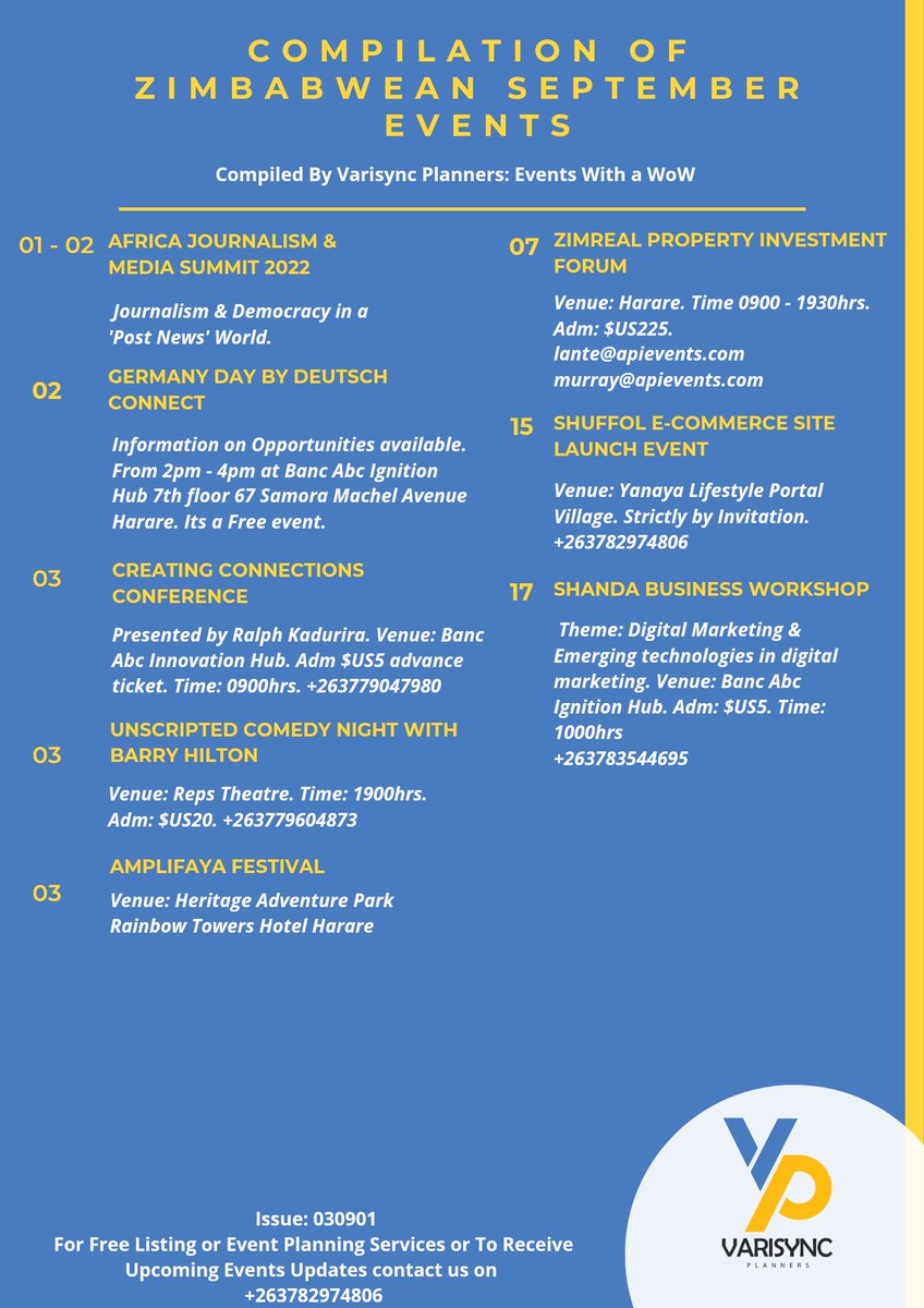 This is our 3rd publication and is the 1st for this month September. Check out Upcoming Events in this month of September.

If you want to receive updates right into your inbox please do leave your contact numbers here forms.gle/DQF3hDhz9a6WdD…
#eventmarketing
#varisyncplanners