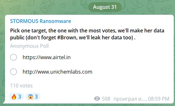 STORMOUS #Ransomware group conducted a poll in their telegram channel where they claim to leak data of the company (airtel india/unichemlabs) with highest poll. @airtelindia 

#databreach #darkweb #deepweb #cyberrisk #airtel #airtelindia #UNICHEMLAB #UnichemLaboratories
