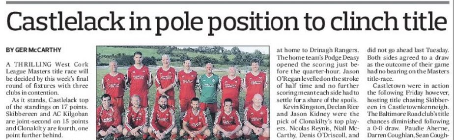 The <a href="/westcorkleague/">⚽West Cork League</a> is back but, overnight, the summer <a href="/wcmastersleague/">wcmastersleague</a> has gone to a playoff between <a href="/castlelackfc/">Castlelack F.C.</a> and <a href="/skibbafc/">Skibbereen AFC</a> to decide the championship winners. Read another dispatch in this week’s <a href="/WestCorkSport/">Southern Star Sport</a>