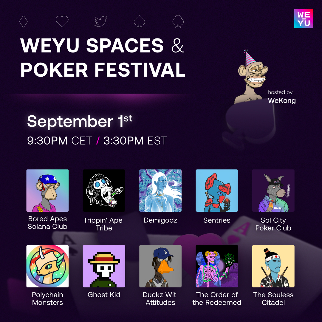 weyuofficial's tweet photo. GM Everyone!🌞 TODAY'S THE DAY🃏🗣️🏆

Stay tuned for today's event schedule &amp; mega prize list 🎁

@WeKong3571 @BoredApeSolClub @DemiGodzSOL @Sentries_SOL @SCPokerClub @GhostKidDAO @DWAnfts @DrDeathCultClub @SoullessCitadel @Nosana_ci @polychainmon 

Who's joining? 💜 https://t.co/x2RmEAUoyb