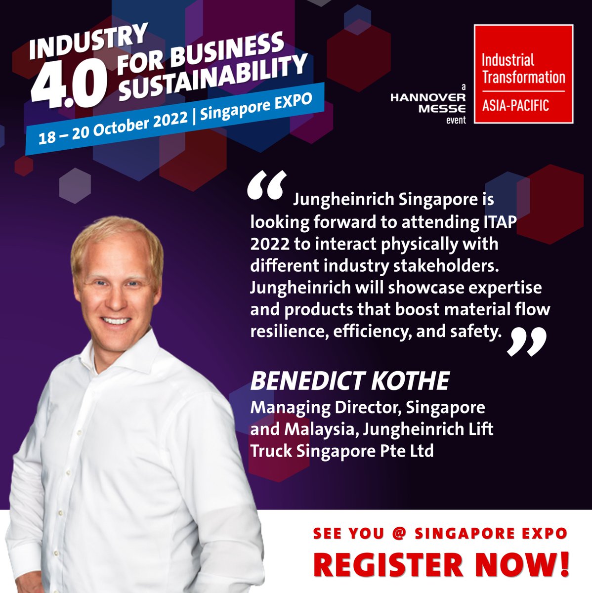 [MEET OUR EXHIBITORS 🤝💼] We are delighted to welcome Jungheinrich Singapore, an intralogistics solution provider as our exhibitor this year!
.
Meet them @ ITAP 2022, REGISTER NOW: bit.ly/3a3ZsHs
.
#ITAP2022 #industry40 #i40 #logistics