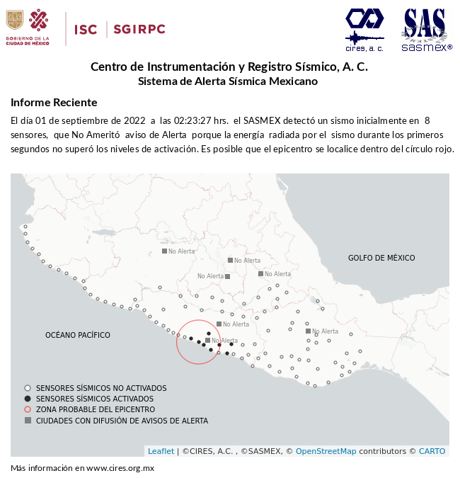 SASMEX's tweet photo. Informe preliminar del #Sismo del 01-sep-22 a las 02:23:27 hrs. Más información en https://t.co/tJJ3xfGt69

#TenemosSismo #LaPrevenciónEsNuestraFuerza https://t.co/DpjVuKgonH