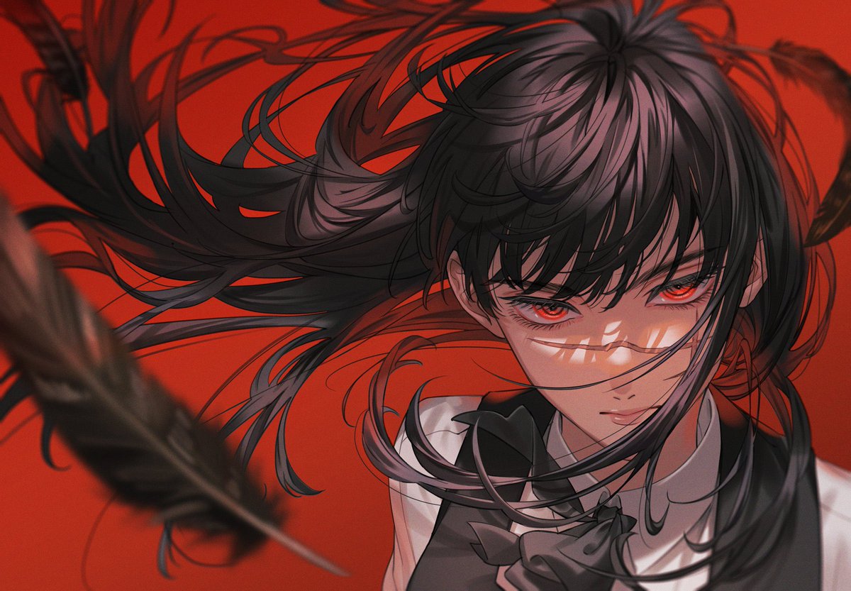 1girl black hair solo red background red eyes long hair looking at viewer  illustration images