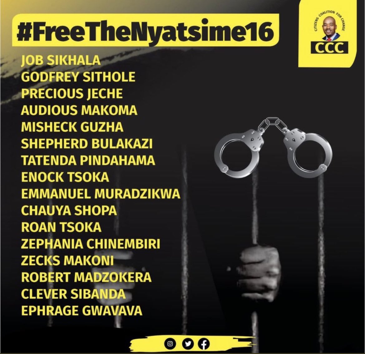 advocatemahere's tweet photo. 🟡Lamborghini looters are gallivanting in Britain &amp; Germany while these 16 brave men languish in jail for crimes they did not commit. They are innocent. Zanu PF continues to do violence to our Constitution. 

Say their names. #FreeTheNyatsime16 https://t.co/eKPnJNwMYK