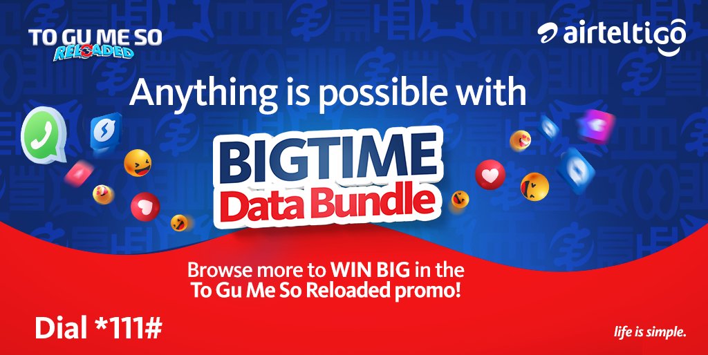 theatghana's tweet photo. Let your imagination soar with mooooore data and no expiry on #BigTimeData bundles!
Buy more data bundles and browse more to win BIG in the #ToGuMeSo RELOADED Promo! Dial *111# now!
#UseAirtelTigo #LifeIsSimple https://t.co/D0QxgJujmS