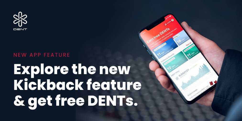 dentcoin's tweet photo. Set earning to autopilot with DENT Kickback, the newest feature included in the brand new #DENT App 4.3.0. for #iOS and #Android!😎 Just use #eSIM data and get free DENTs as kickback, it's that easy! #dentcoin #DENTNET #BTC #ETH #GSMA #5G #Blockchain #iPhone #Samsung https://t.co/kIWuHfkNOW