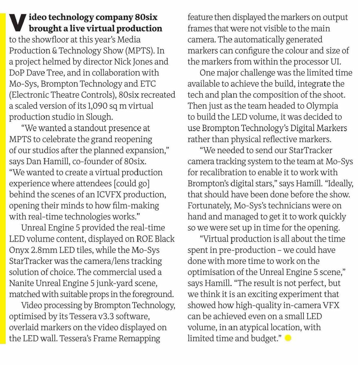 80sixltd's tweet image. We’re delighted to be featured in @Broadcast_TECH magazine, covering our appearance at this year’s @mediaprodshow, where we shot a virtual production commercial with a small LED Volume.

🔗 Full issue: edition.pagesuite.com/html5/reader/p… 

#mpts2022 #virtualproduction #ICFVX #broadcasttech
