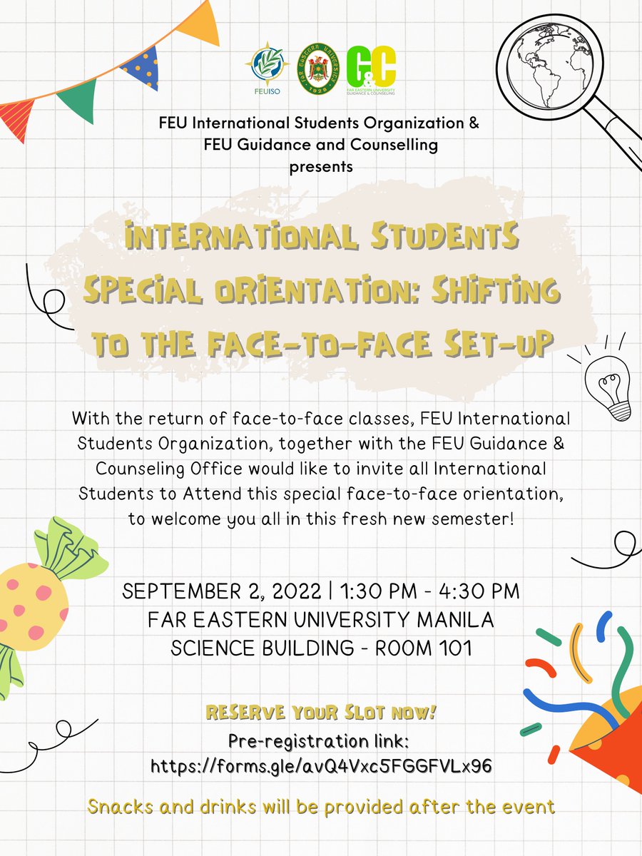 FarEasternU's tweet photo. September 2, 2022 events from FEU Guidance and Counseling.
Peer General Assembly 2022 (FEU Manila) 
International Students Special Orientation
Peer Counselors as Core Heroes for Student Mental Toughness (FEU Makati) https://t.co/exlMR7a5Tm