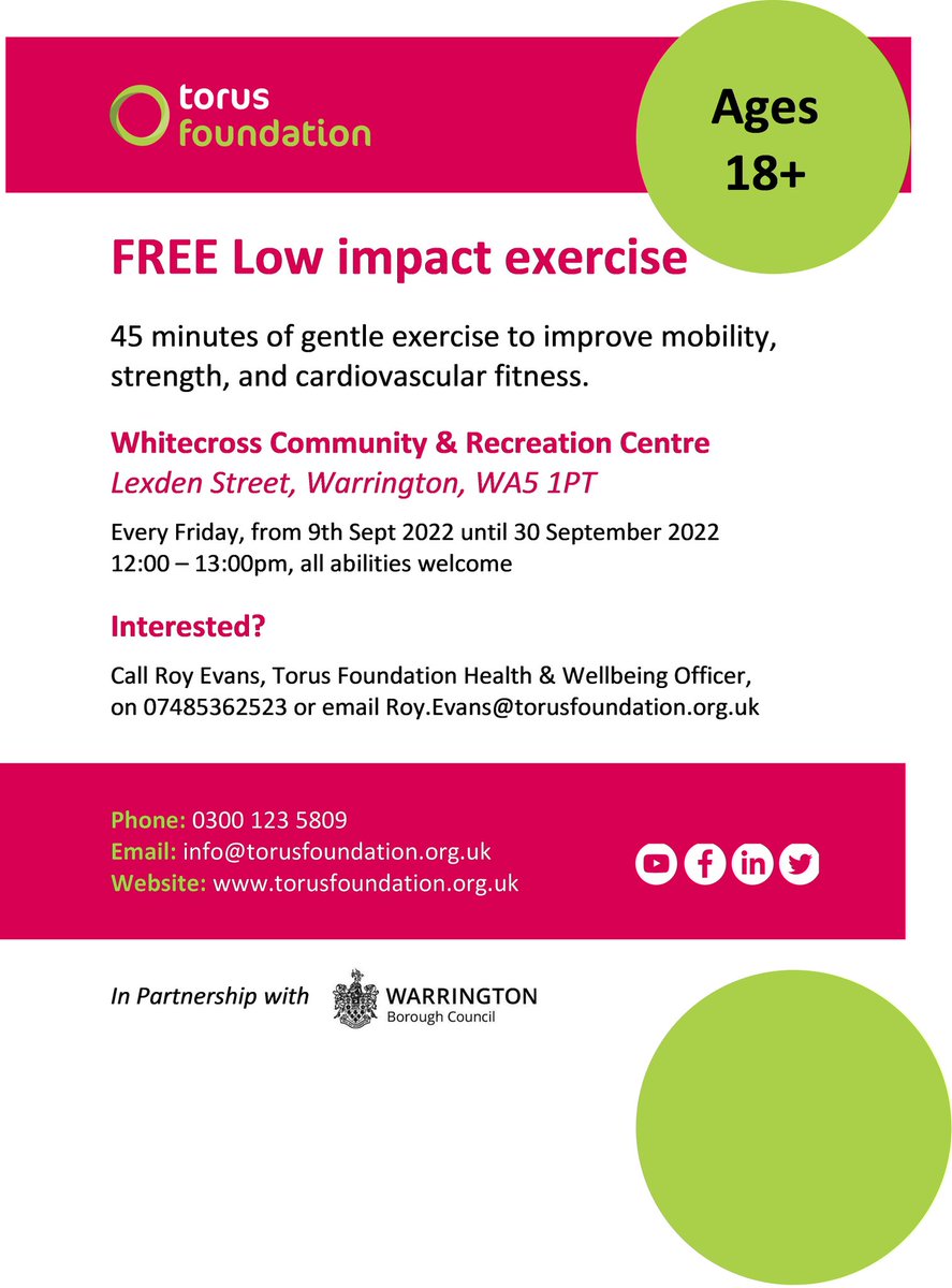 Free low impact exercise classes starting on Friday  9.9.22 12noon at White cross community centre in Warrington. People are loving these classes so please contact Roy on the number below to book your place. <a href="/TorusFoundation/">Torus Foundation</a>