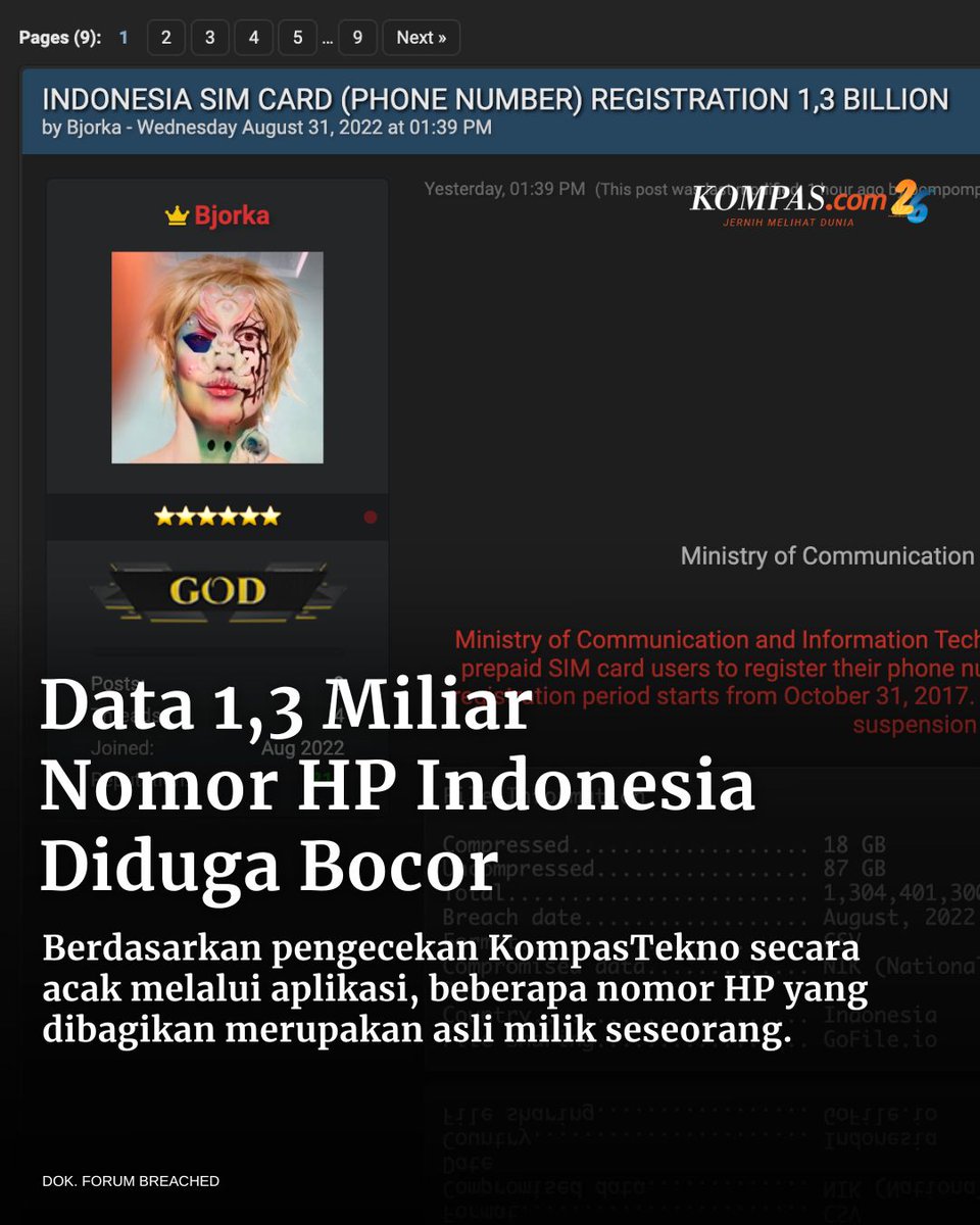 kompascom's tweet photo. Data 1,3 miliar nomor telepon seluler di Indonesia yang diduga bocor dan dijual di sebuah forum online "Breached Forums". / #Tekno #KTP #NIK #Indonesia #DataBocor #Kemenkominfo #HP #Ponsel #OperatorSeluler #ForumOnline #JernihkanHarapan 

Baca di https://t.co/E4CxuSWGrS https://t.co/tj7lpC972W