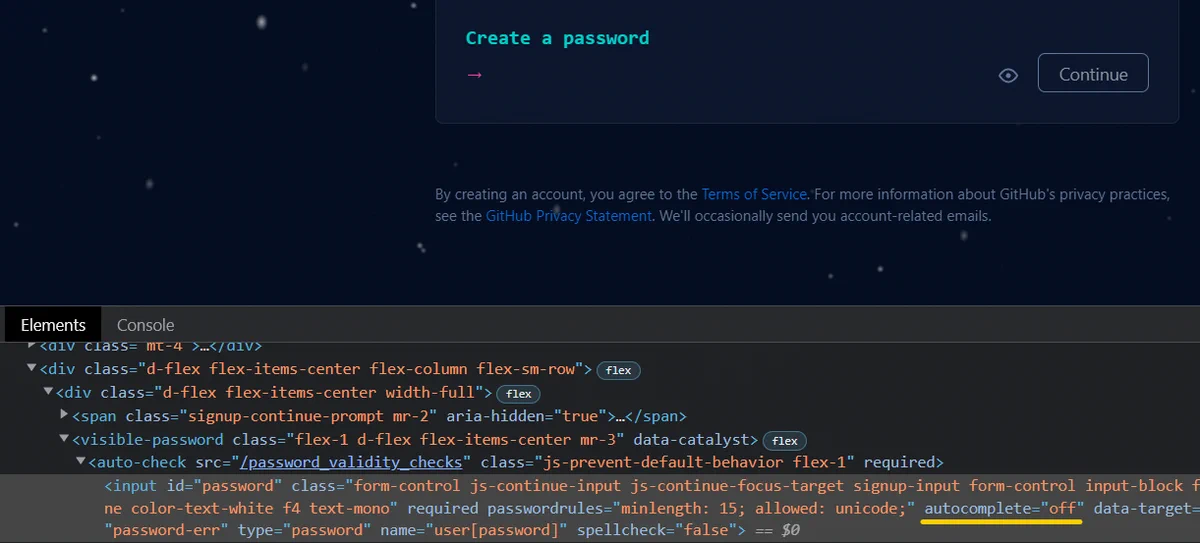 A screenshot of Chrome DevTools showing autocomplete attribute set to "off" for the "Create a password" input field in the signup form.