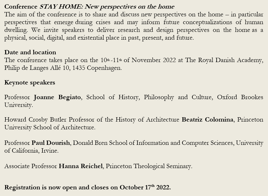 You can now register for our conference 'STAY HOME: New Perspectives on the Home' in Copenhagen in November. Read more about the conference and register here: teol.ku.dk/privacy/stay-h…