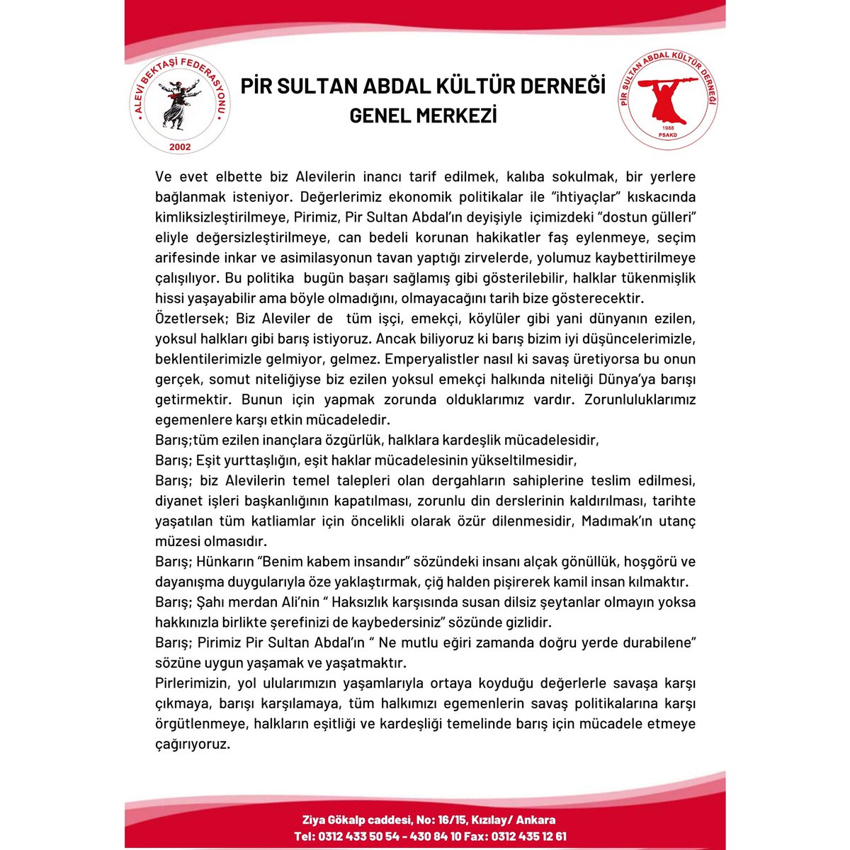 Barış güvercinlerinin özgürce dolaşacağı,
Kan ve gözyaşının son bulacağı,
Savaşların yerini sevginin alacağı bir Dünya ve Türkiye özlemiyle 1 Eylül Dünya Barış Gününü kutluyoruz.
#1EylülDünyaBarışGünü 
#DünyaBarışGünü