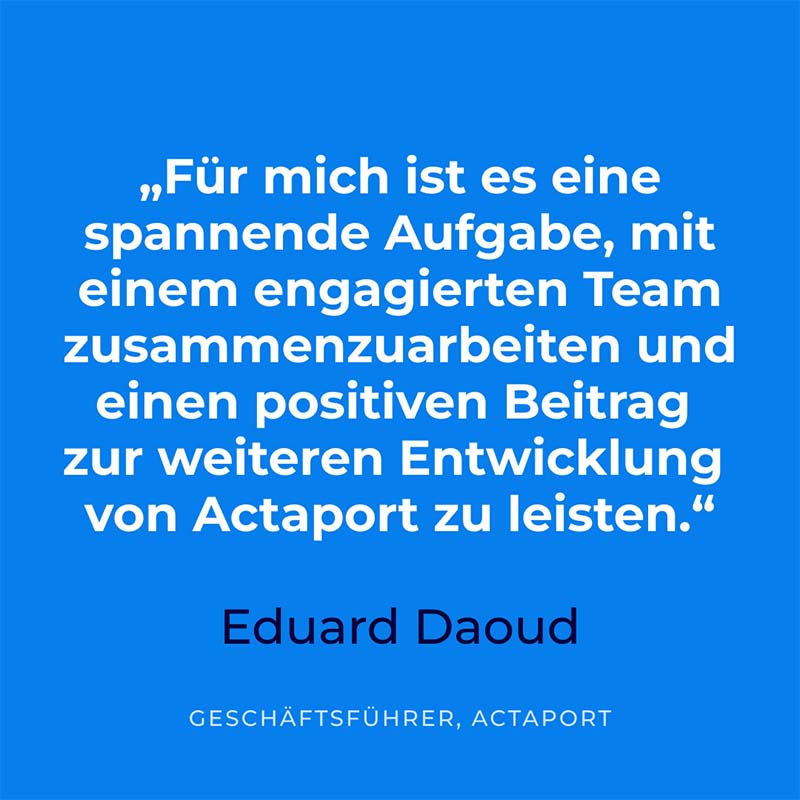 actaport's tweet photo. Mit Wirkung zum 01.09.22 tritt Eduard Daoud die Funktion des Geschäftsführers an. 

Gemeinsam mit Dr. Michael Schäfer übernimmt Eduard Daoud die strategische und operative Leitung des Unternehmens. 

Zur Pressemitteilung:
https://t.co/fcUsfDT0zG

#actaport #unternehmensupdate