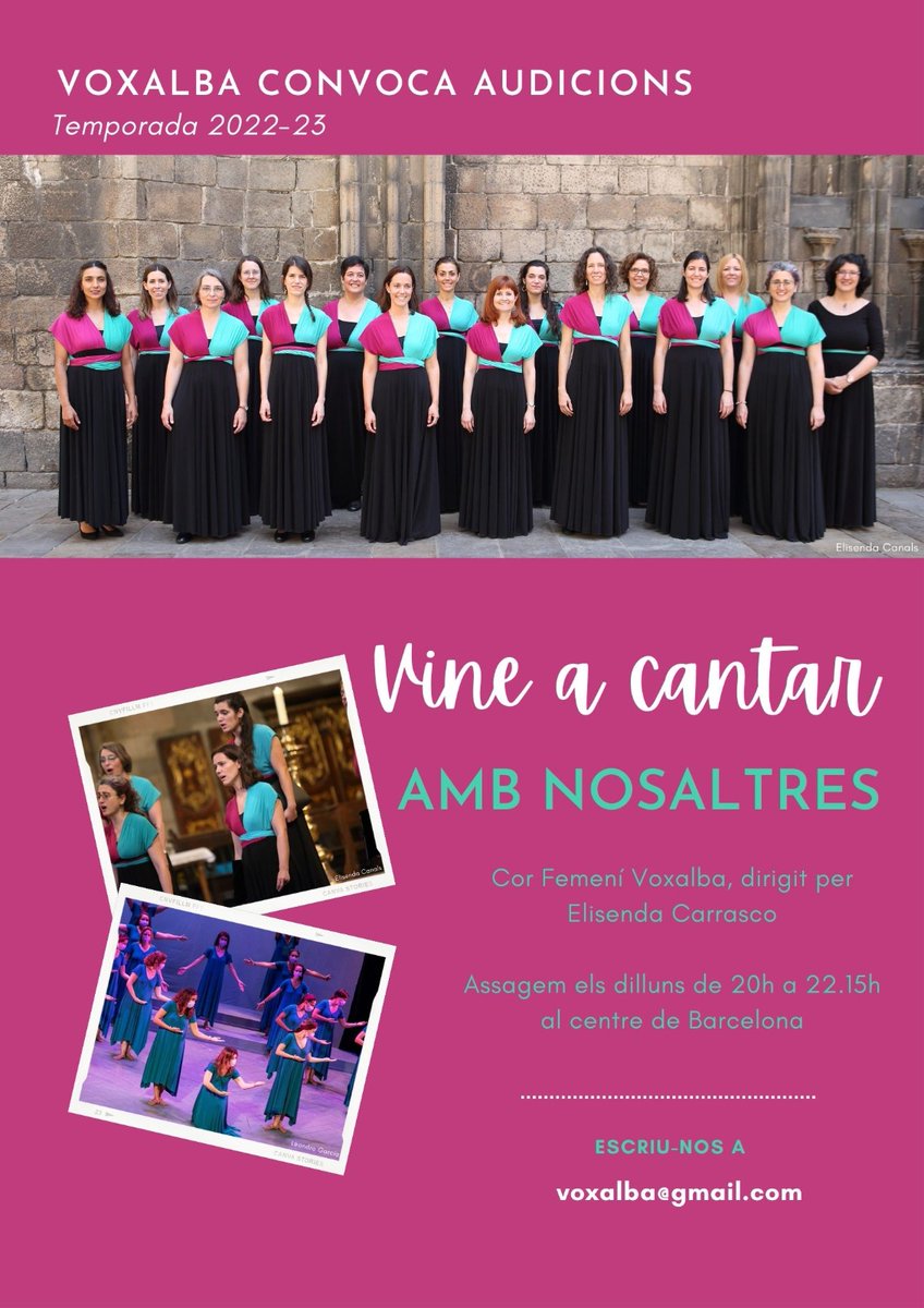 voxalba's tweet photo. Vols formar part del nostre projecte musical? Obrim audicions!!! 
Cor femení Voxalba, contacte amb nosaltres per missatge a voxalba@gmail.com
T'esperem! https://t.co/YfyqNGNwn4