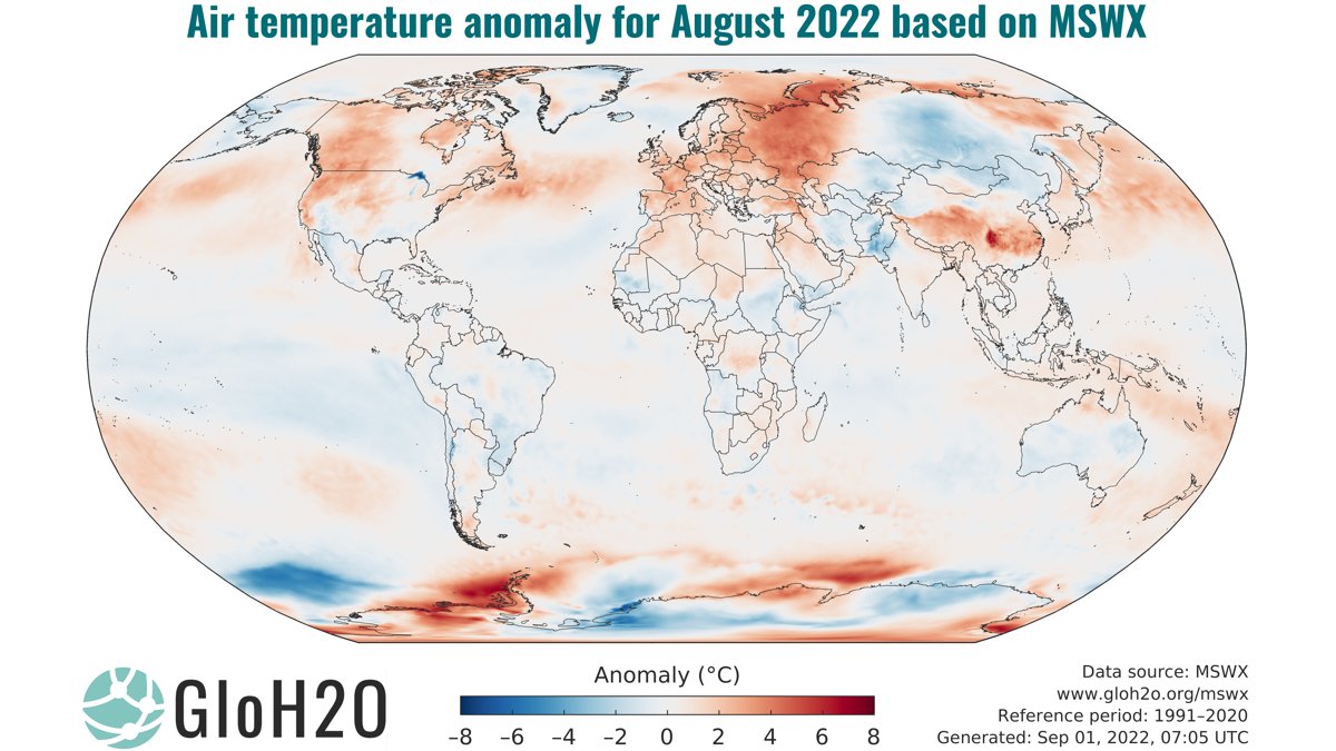 The global average air temperature for August 2022 was 0.30 °C above the 1991–2020 average