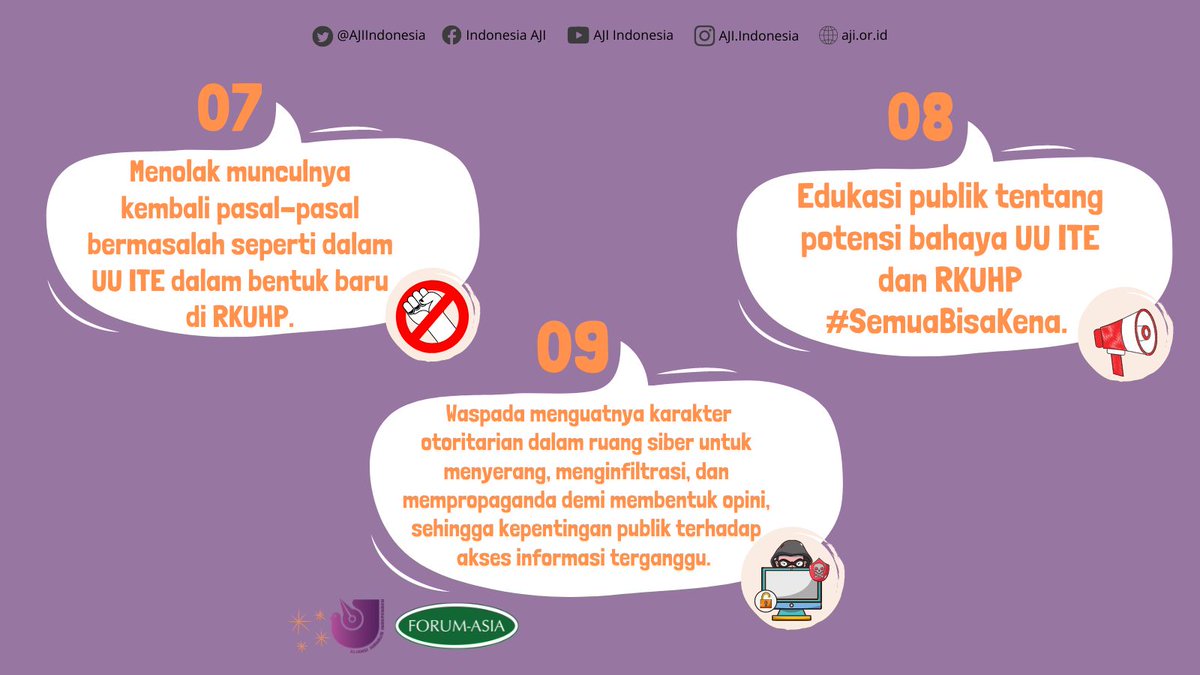 Kampanye tolak pasal brmasalah RKUHP &amp; mendesak revisi UU ITE, brlanjut. <a href="/aji_surabaya/">AJI SURABAYA</a> didkung <a href="/forum_asia/">FORUM-ASIA</a> mnggelar diskusi "Mendesak Revisi UU ITE &amp; Penghapusan Pasal Bermasalah RKUHP".

Berikut 9 rekomendasi hasil diskusi.

#SemuaBisaKena
#TolakPasalBermasalahRKUHP
#RevisiUUITE