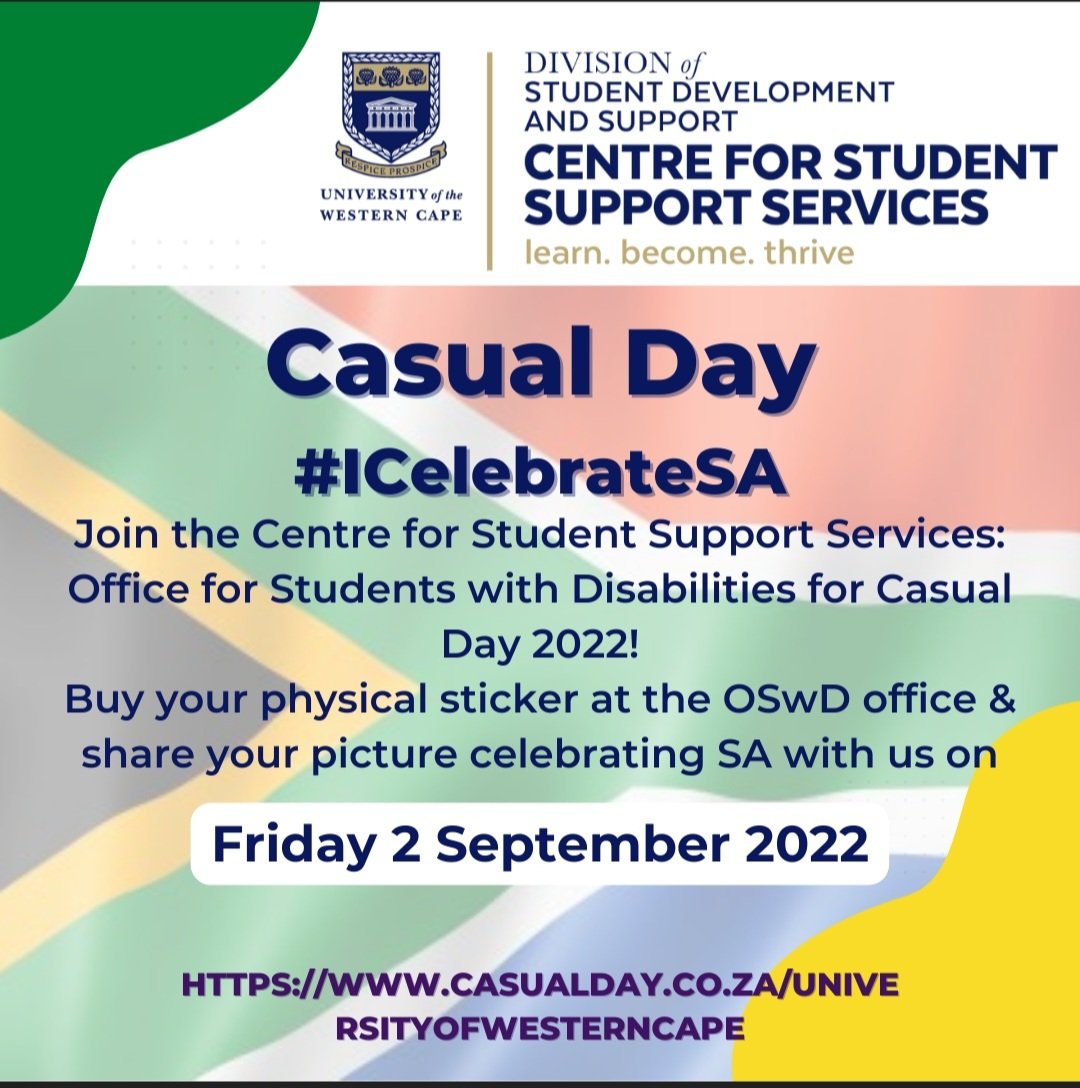 uwcsds's tweet photo. Please don't forget to get your Casual Day stickers at the OSwD office.
Share and tag us on your pictures celebrating SA tomorrow 2 September 2022 🇿🇦🇿🇦
#CasualDay #ICelebrateSA #UWCOSwD #iamuwc #UWCSDS #LearnBecomeThrive #UWCCSSS #UWC https://t.co/Qhr9y3Uou1
