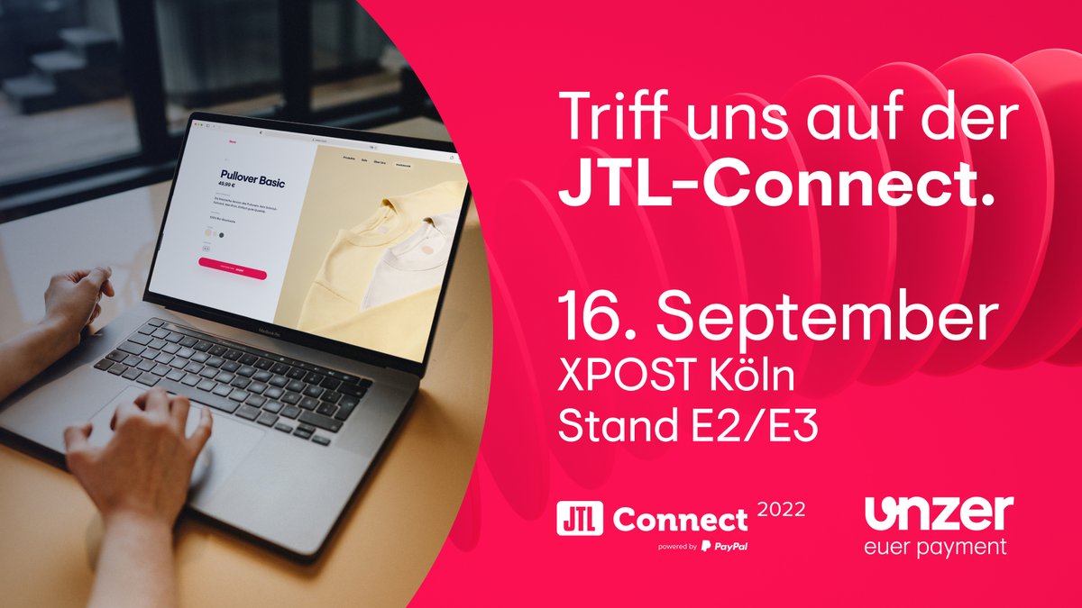 Unzer  X JTL 😍

Unzer ist offizieller Technologie Partner von JTL und unterstützt Onlineshops auf JTL-Basis dabei, den perfekten Paymentmix anzubieten. 

Interessiert? Bucht gerne schon vorab einen Termin: ow.ly/hqtw50Kwqpc  oder trefft uns auf der JTL-Connect in Köln.