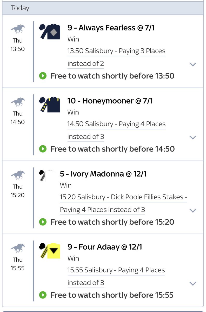 Todays bets at Salisbury. Non runners over night brought the first 1 down to single figures but still a good price with skybet going 3 places each way. Couldn’t find anything at the other 2 early meetings but looking at the itv races at Windsor soon as I post this. Good luck 🤞💷