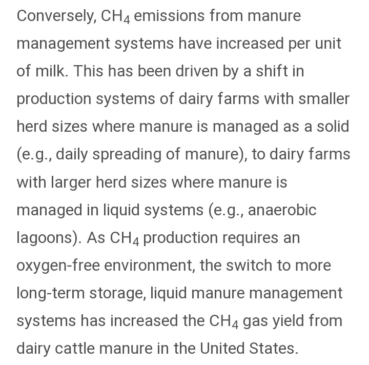 Interesting passage about CH4 from manure increasing per unit of production in the US due to moving to more long term manure storage (lagoons) over a little and often approach to manure spreading. We're being led in the wrong direction by policymakers.