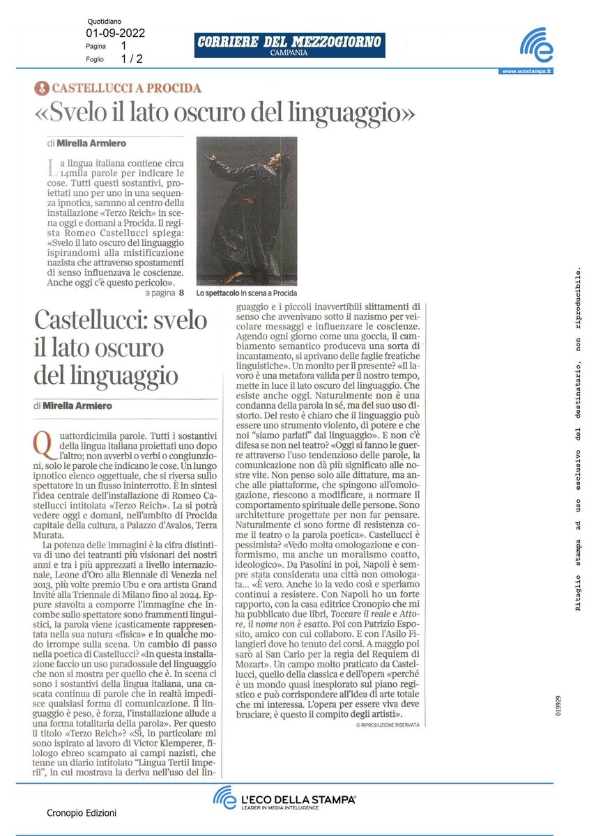 CronopioE's tweet photo. Intervista a #RomeoCastellucci di @MirellaArmiero in occasione della visione del "Terzo Reich" a Procida
@TeatroComandini @minimoterrestre @andreaporcheddu @AttilioScarpell @PorceddaWalter @olivieropdp 
@inlibrovitae @antinomie @FataMorganaWeb @KRevue https://t.co/03PyJB3WJo