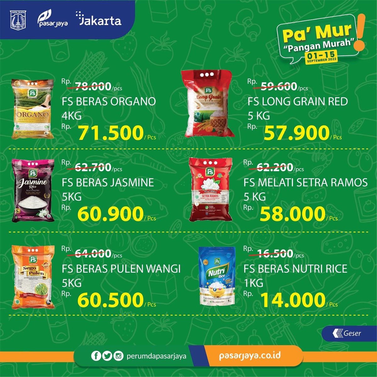 PasarJaya_JKT's tweet photo. Halo Warga DKI Jakarta! 
Promo mingguan kini hadir kembali dalam Promo Pa’Mur “Pangan Murah” bulan September!

Berikut promo #PaMur yang tersedia di Gerai #JakGrosir #Jakmart &amp; #MiniDC Perumda Pasar Jaya. https://t.co/RiwgDjslu2