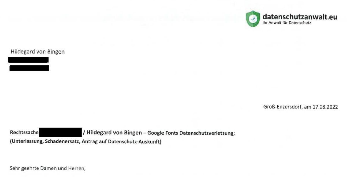 "#Datenschutz im Mittelalter"...

Die #GoogleFonts-Abmahnwelle in Österreich ist um eine Blüte reicher: 
Der eingesetzte webcrawler sorgte dafür, dass auch Hildegard von Bingen (postum) abgemahnt wurde, berichtet <a href="/Salzburg24/">SALZBURG24</a>:
salzburg24.at/news/salzburg/…