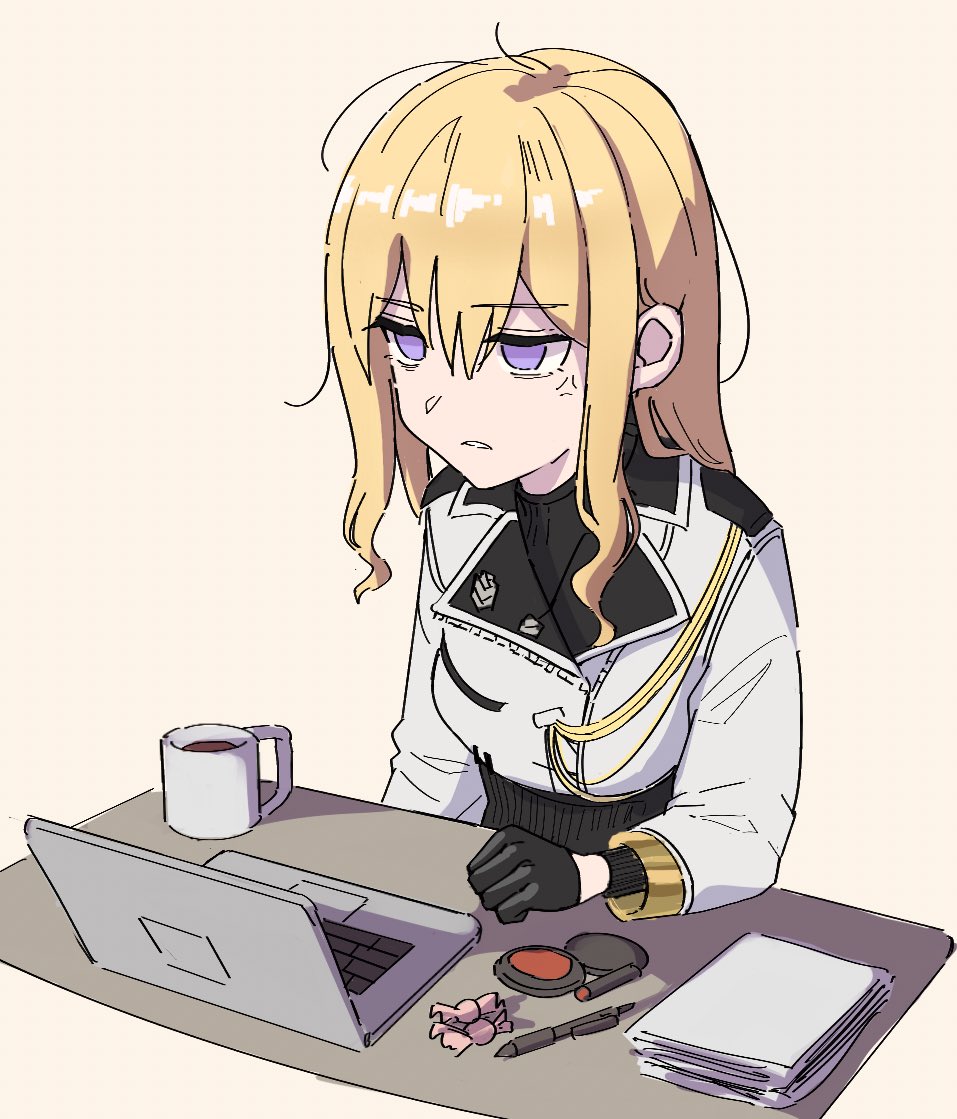 1girl laptop blonde hair computer purple eyes gloves solo  illustration images