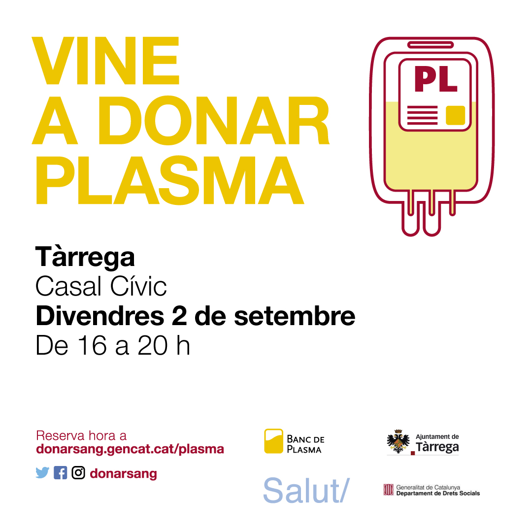 ajtarrega's tweet photo. 📢 Divendres 2 de setembre, el Casal Cívic de #Tàrrega acull una jornada de donació de #plasma

⏰De 16 a 20h

🤔 Sabies que per donar plasma tots els grups sanguinis són vàlids?

💪 Salva vides. Apunta't-hi!

💓 Moltes gràcies per la teva #solidaritat

📲 https://t.co/dHDIOtRv9s https://t.co/r9g9g75R6C