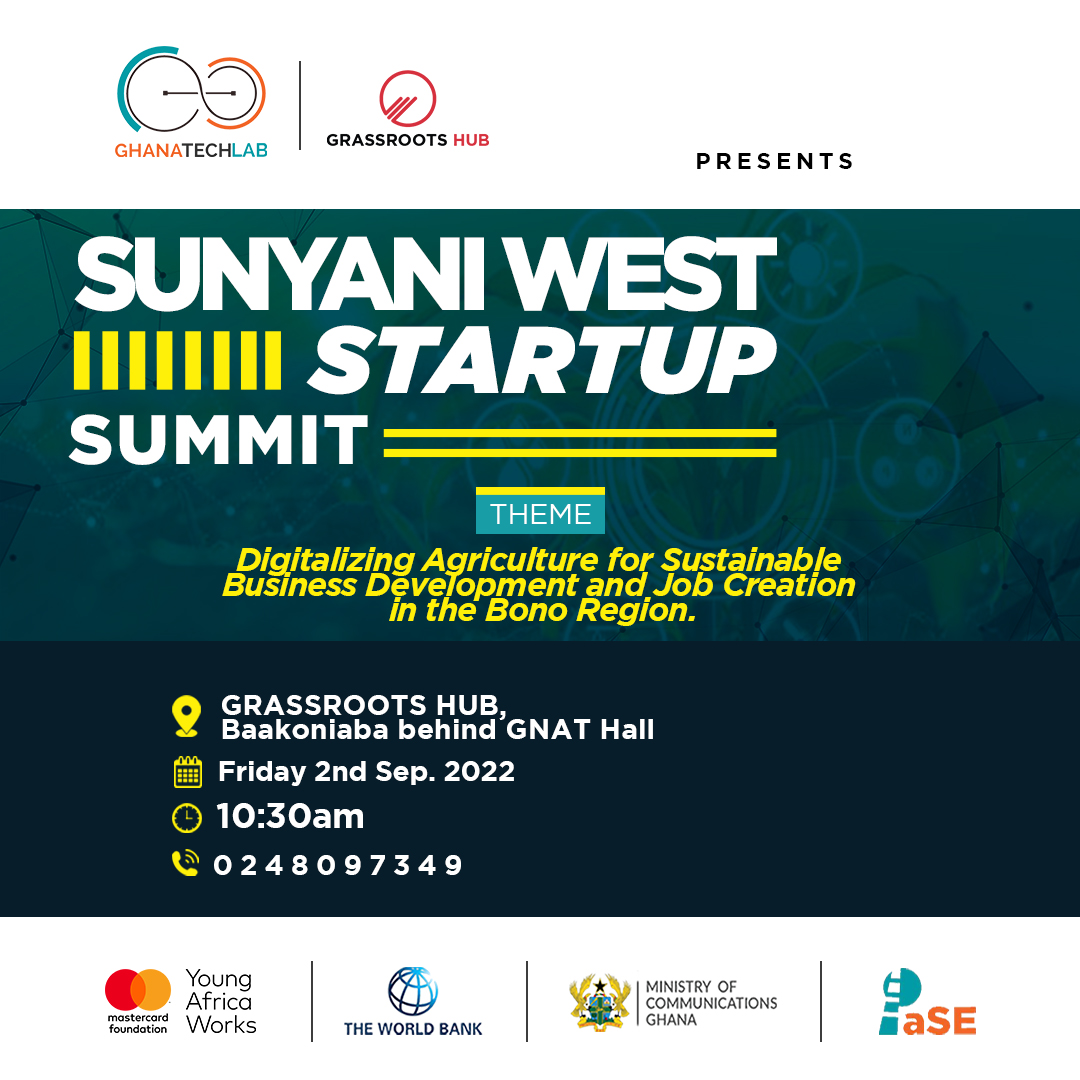 grassrootshubgh's tweet image. GrassRoots Hub, in partnership with Ghana Tech Lab under the Pathways to Sustainable Employment Program, invites all actors within the Digital innovation ecosystem to join the #Sunyani West Startup Summit 2022.

See flyer for details👇

#PASE 
 #GrassRootsHub 
#GTLimpact