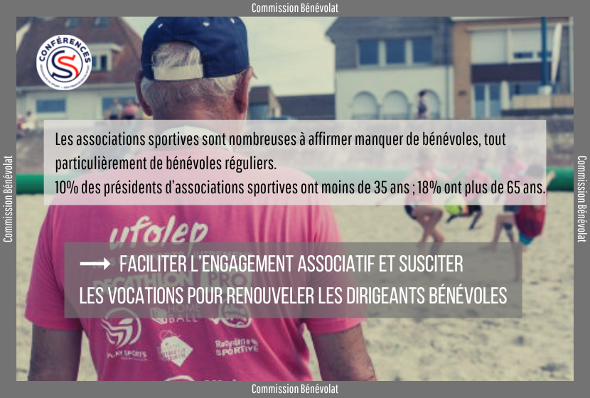 Les travaux de la commission Bénévolat (BEN) ont abouti à la définition de 4 objectifs, avec comme ambition de "Garantir la pérennité des associations sportives".

Objectif BEN3 : Faciliter l’engagement associatif et susciter les vocations pour renouveler les dirigeants bénévoles