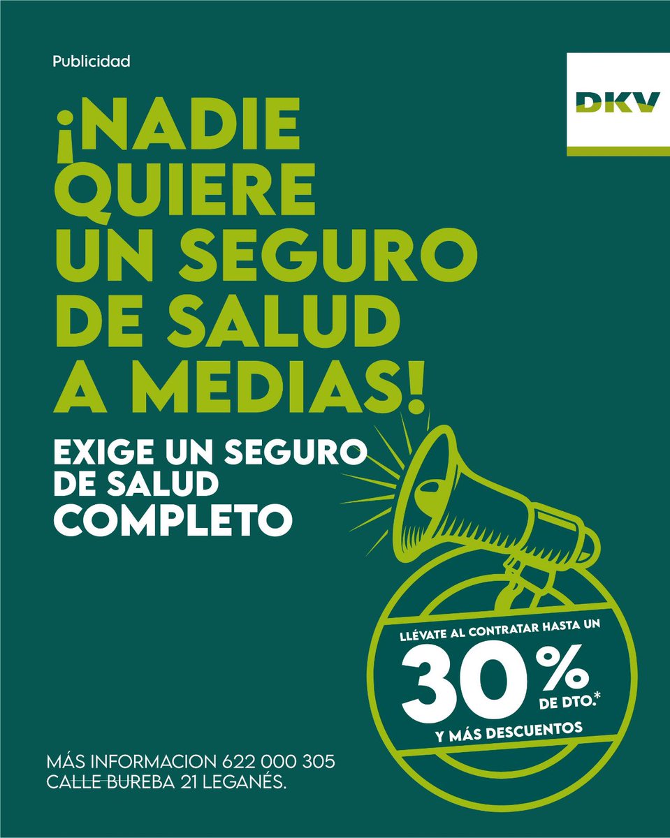 FcZarzaquemada's tweet photo. CAMPAÑA 👨‍⚕️ | DKV Oficina Comercial Leganés nos ofrece un seguro de salud completo. De calidad y sin sorpresas. Protégete a ti y a tu familia con un 30% de descuento 🔝 @dkvleganes https://t.co/3j1QZekGXG