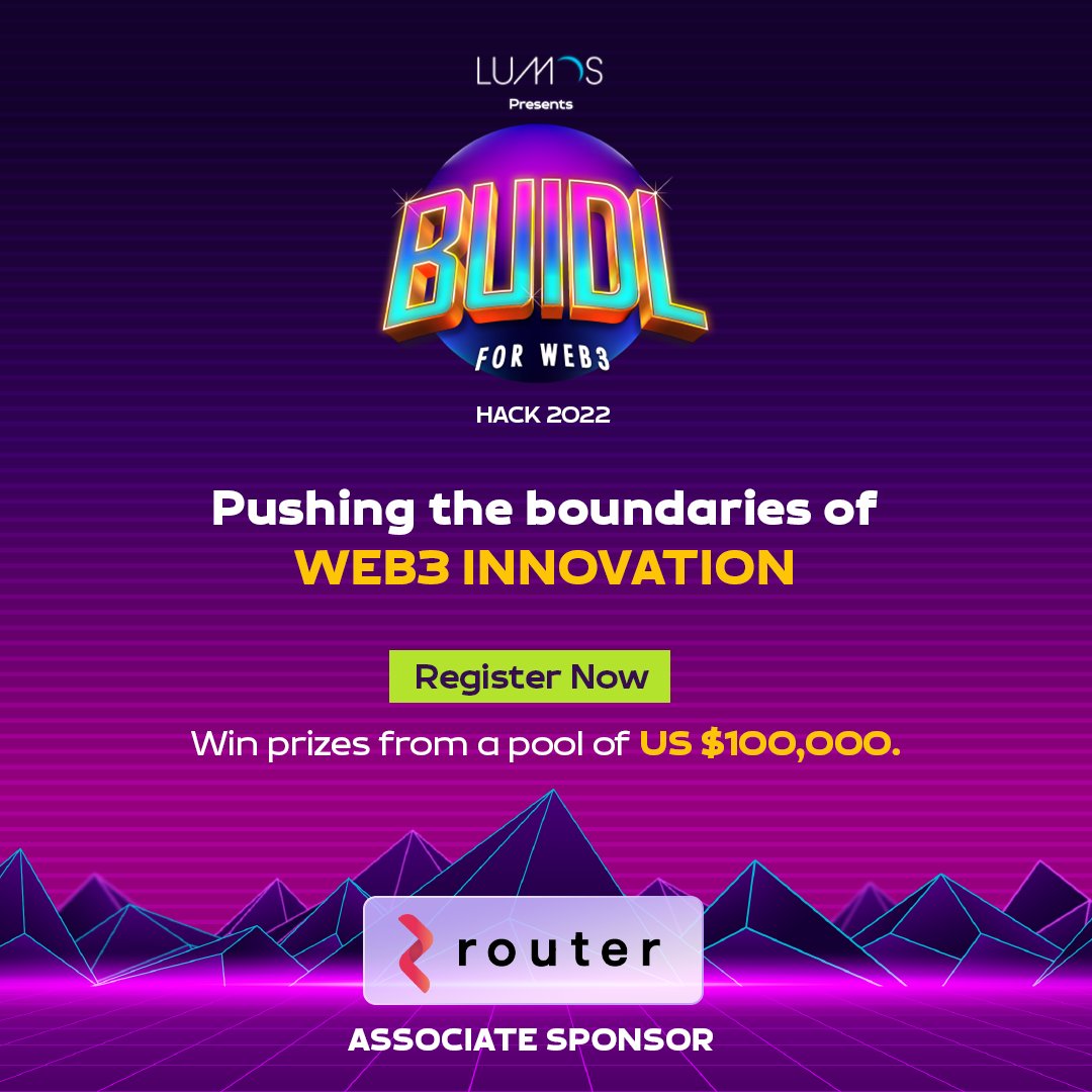 routerprotocol's tweet photo. 📣 Listen up, Router fam!

We’re the OFFICIAL Associate Sponsors of #BUIDLforWeb3 Hack 2022 by @LabsLumos 🤩

Get ready to push the boundaries of Web3 🙌

💰$100k up for grabs! 
👉Register here: https://t.co/Lb7P0K4rUY
📅 Registration closes on 31st Oct, 2022

#Hackathon #BUIDL https://t.co/0lwxw2Mged