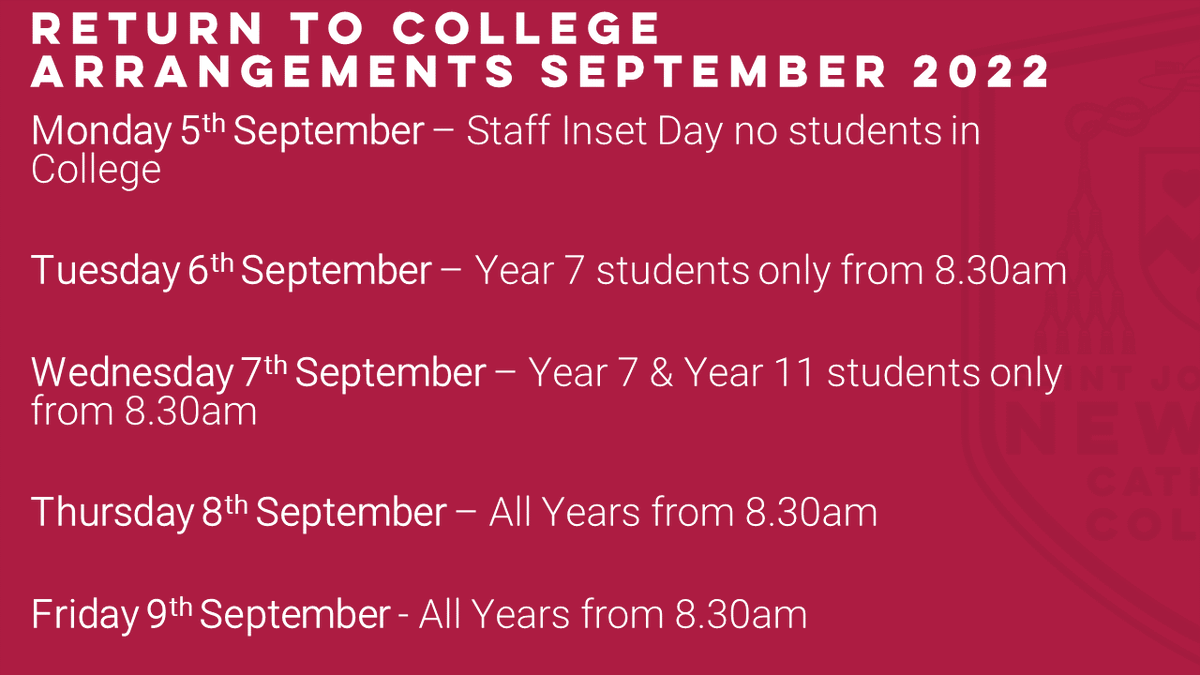 NewmanRCCollege's tweet photo. We hope you've all had a wonderful summer holiday please see our return to College arrangements for next week. 

We can't wait to welcome back on Tuesday 6th September. https://t.co/VYRTZr84Rl