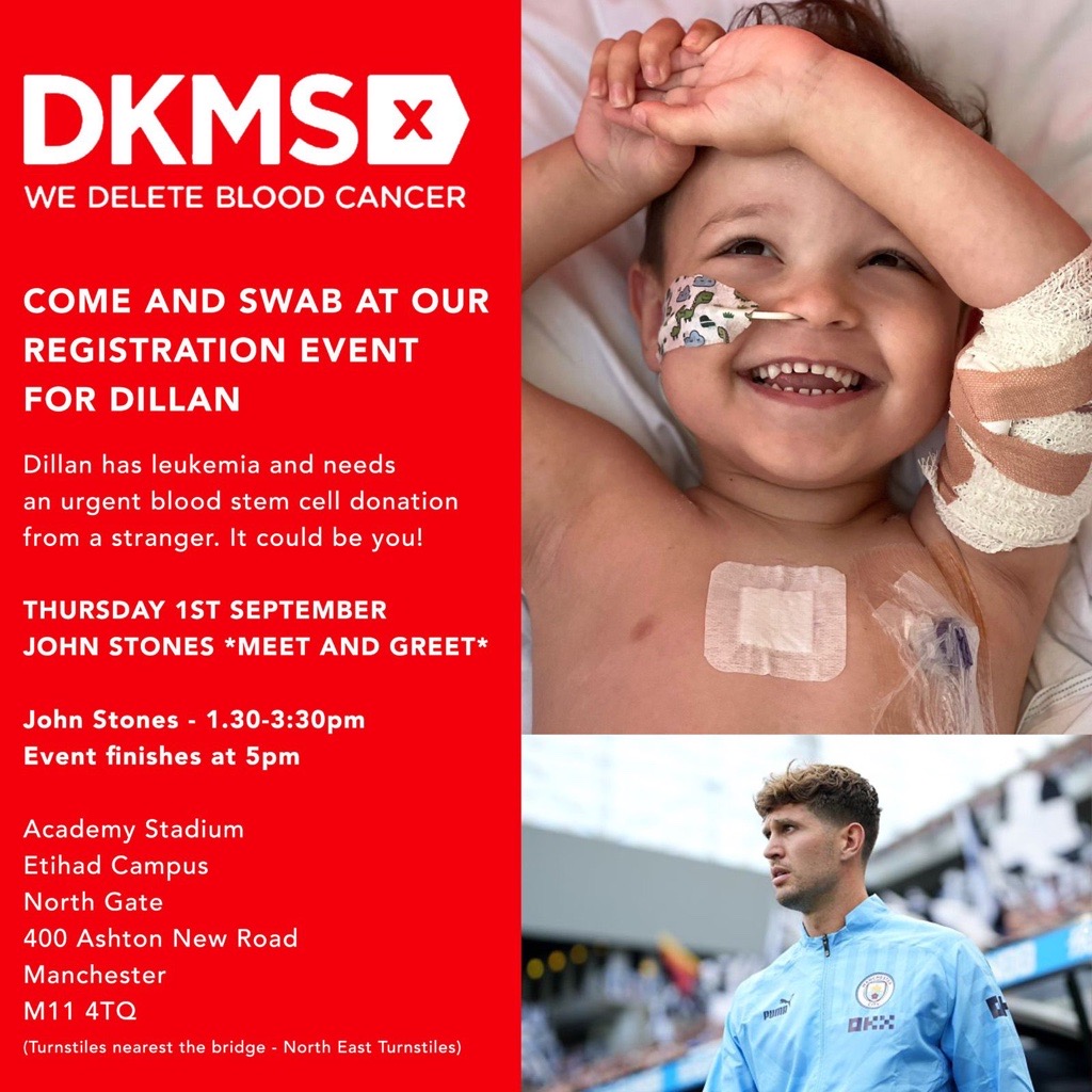 ManCity's tweet photo. If you are free between 1:30pm and 5pm today, come along to the Academy Stadium to join the stem cell register and take a swab of your cheeks. You could help Dillan or others in need. John Stones will also be in attendance from 1:30 to 3:30pm to thank everyone for their support💙 https://t.co/XEu9HwJIpM