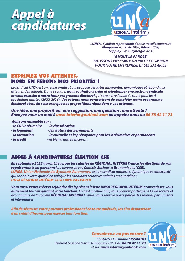 Unsaadecco's tweet photo. Salariés Régional Interim : vos sujets, vos besoins, envie de vous impliquer? Contactez notre référent Unsa Interim. https://t.co/fmMVAIS2GS