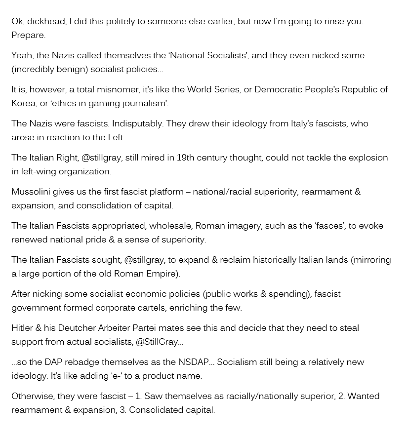 kasvismafioso's tweet photo. Twitter rant from Historian and Teacher @MikeStuchbery_ to gaming news
reporter Ian Miles Cheong. 

Cheong, known for his involvement in
#Gamergate, tweeted "Nazis were socialists" and got educated.

https://t.co/d6hyJ4DHd5

Here's the thread in text only format as screenshots. https://t.co/xYEXRK3g4E