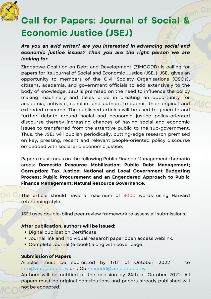 Calling all writers interested in SocioEconomic justice issues to contribute to the JSEJ. Applications are open till the 17th of October 2022. #Accountability #EconomicJustice