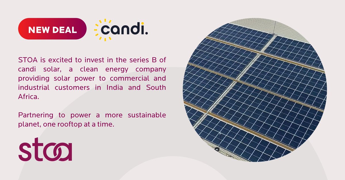 STOA (@stoainfraenergy) on Twitter photo STOA is excited to invest in the series B of <a href="/CandiSolar/">Candi.Solar</a>, a #cleanenergy company providing solar power to commercial and industrial customers in #India and #SouthAfrica.
Partnering to power a more sustainable planet, one rooftop at a time🌍⚡
bit.ly/3B2QjJV STOA is excited to invest in the series B of <a href="/CandiSolar/">Candi.Solar</a>, a #cleanenergy company providing solar power to commercial and industrial customers in #India and #SouthAfrica.
Partnering to power a more sustainable planet, one rooftop at a time🌍⚡
bit.ly/3B2QjJV