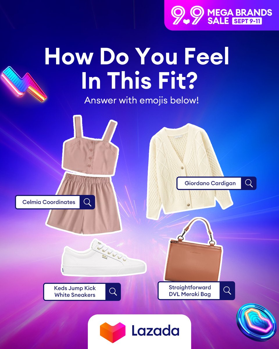 LazadaPH's tweet photo. We are feeling... super ready to checkout this whole look at the #LazadaMegaBrandsSale! 😍

Drop your answers 👇  then open this thread for product links!

🛒 https://t.co/vouynnI0Ej
#LazadaPH99 #Lazada99 #LazadaPH #ForAllTheFeels https://t.co/kv5pdAv5E3
