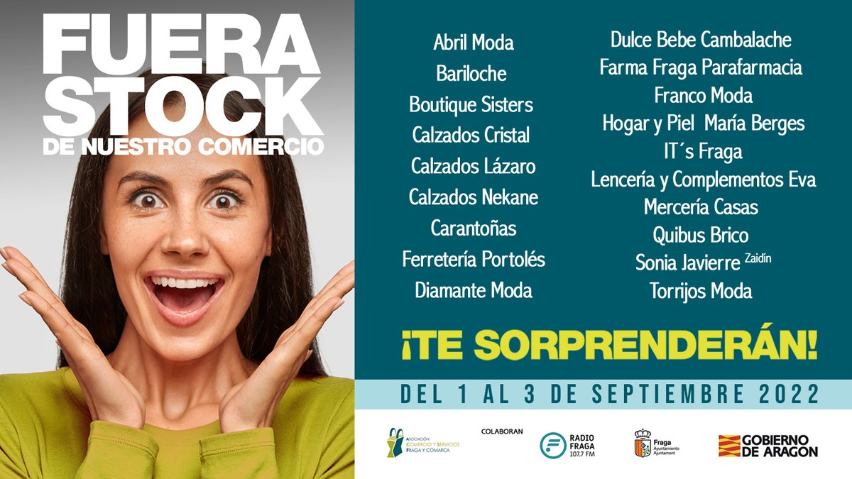 comerciofraga's tweet photo. ¡Comienza 𝑭𝑼𝑬𝑹𝑨 𝑺𝑻𝑶𝑪𝑲! Durante los próximos 3 días encontrarás #saldos #oportunidades únicas para esta promoción 🛍🎈 ¿Dónde? Aquí tienes el listado de establecimientos participantes👇¡Busca la alfombra roja! #fuerastock #asociacioncomercio #comerciodeproximidad https://t.co/R9XsMVa8CE