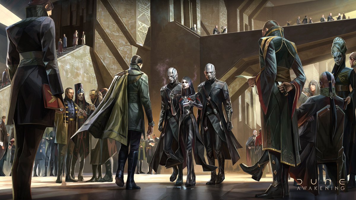 DuneAwakening's tweet photo. Smoking a spice cigarette, an irreverent Harkonnen shows her disdain for the Atreides by pouring precious water out; while an assassin surreptitiously grasps his dagger, readying himself for violence. https://t.co/mdQGeuycug