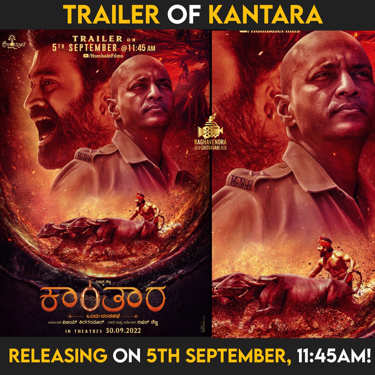 PRO_SVenkatesh's tweet image. Get ready to enter the world of #kantara

Trailer on 05th September, 11:45AM!
In cinema 30th September!

@shetty_rishab @hombalefilms @KantaraFilm

#Raghavendrachitravani #Sudheendravenkatesh