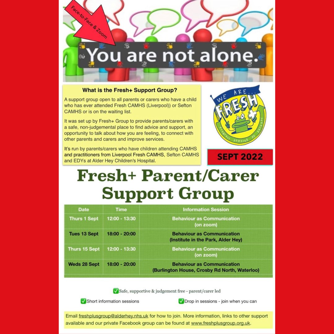 Fresh+Group (@freshplusgroup) on Twitter photo ➡️Parent/Carer Support Groups in September⬅️
We have face-2-face groups in #Liverpool, #Sefton & 2 Zoom groups this month (see poster) run with clinicians from @alderhey, <a href="/CamhsSefton/">Sefton CAMHS and Sefton MHST @ Alder Hey</a> & <a href="/EDYSAlderhey/">EDYs @ Alder Hey</a>
No need to book, join us for a cuppa & chat for as much time as works for you☺️ ➡️Parent/Carer Support Groups in September⬅️
We have face-2-face groups in #Liverpool, #Sefton & 2 Zoom groups this month (see poster) run with clinicians from @alderhey, <a href="/CamhsSefton/">Sefton CAMHS and Sefton MHST @ Alder Hey</a> & <a href="/EDYSAlderhey/">EDYs @ Alder Hey</a>
No need to book, join us for a cuppa & chat for as much time as works for you☺️