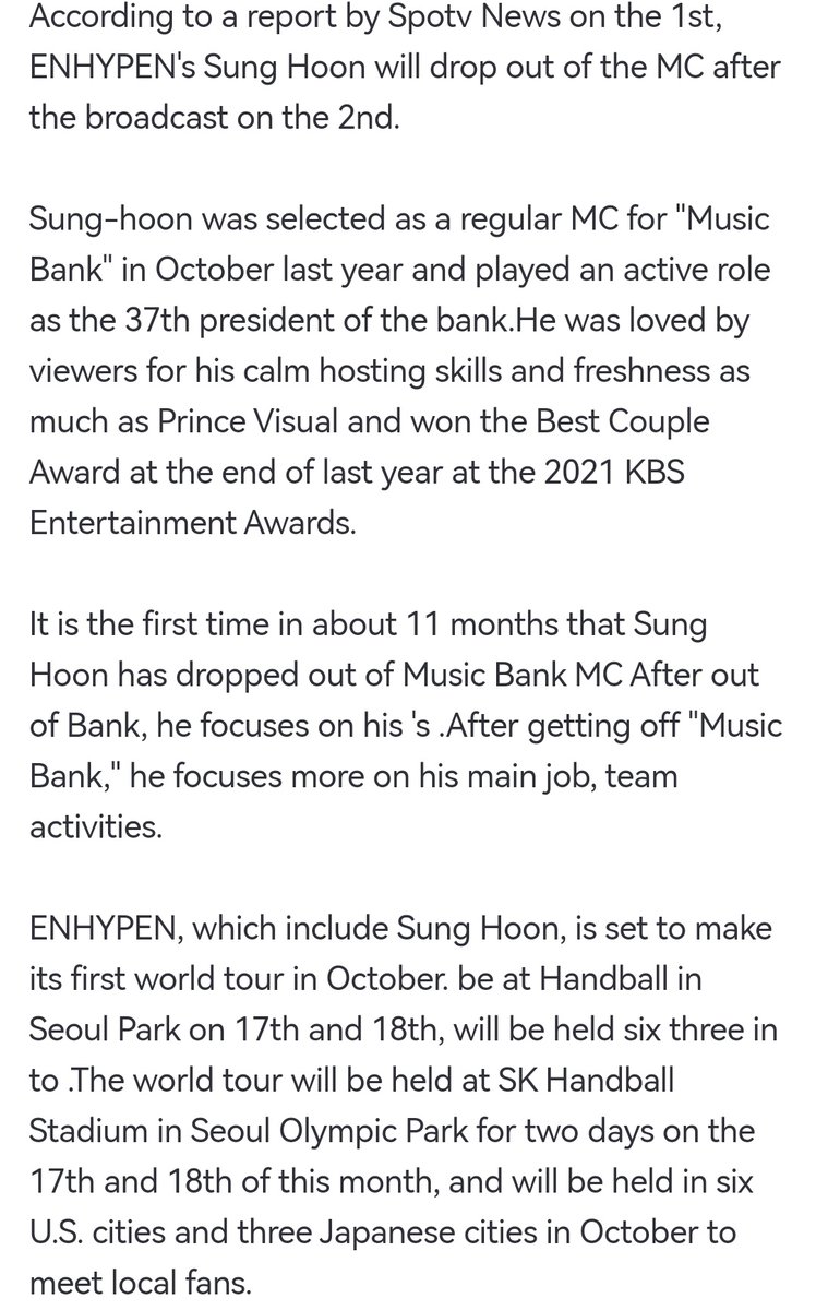 PSHGlobalTeam's tweet photo. [INFO] 090122

Sunghoon is reportedly making his last appearance as a Music Bank MC tomorrow, September 2, to focus on ENHYPEN's activities.

We're gonna miss you MC Sunghoon 😭

PROUD OF MC SUNGHOON 

#엔하이픈_성훈 #SUNGHOON
#ENHYPEN_SUNGHOON #성훈
@ENHYPEN_members https://t.co/Xp6XPVLNkP