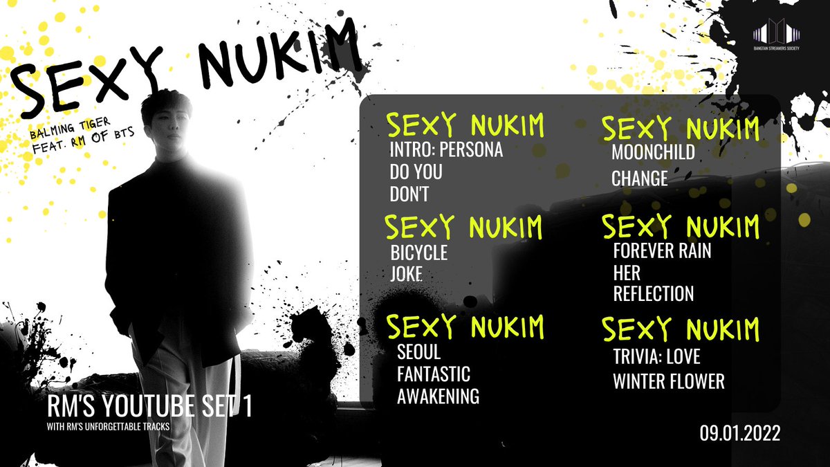 BTStreamSociety's tweet photo. Let's start our first YouTube session with RM solo &amp; collab releases! Follow the tracks ARMY! 

Remember follow the streaming guidelines! 

Sexy Nukim link: https://t.co/awrVVruX7H

I am listening to #SEXYNUKIM by #BalmingTiger feat ( #RM of #BTS) #섹시느낌 @BTS_twt https://t.co/OjHbDox4Oo